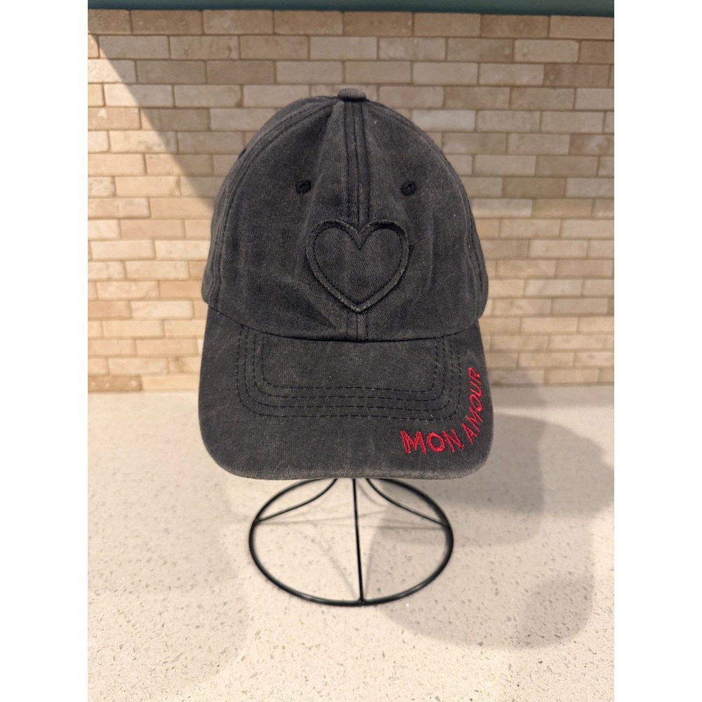 Orelro Love Mon Amour Charcoal Gray Distressed Denim Heart Embroidered Hat Cap